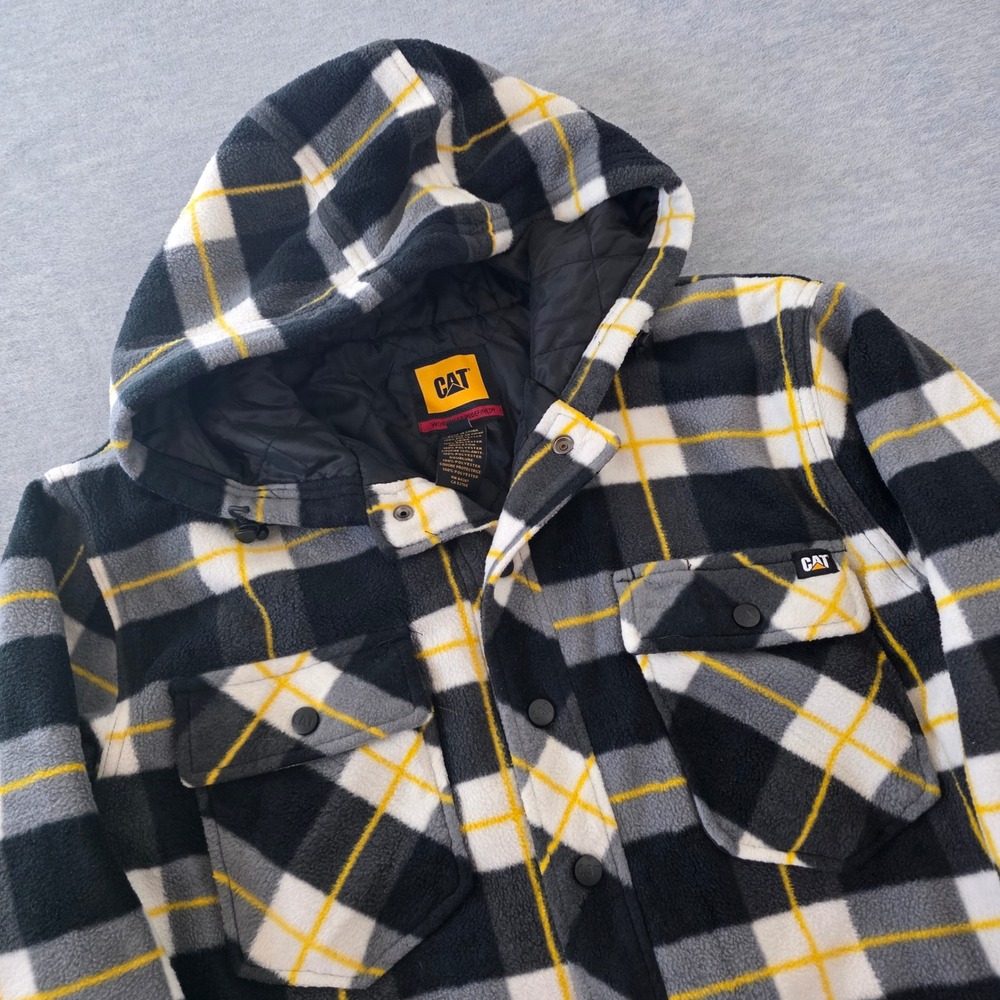 CAT Caterpillar Mens Plaid Hooded Fleece Shirt Jacket Black Yellow Size Medium